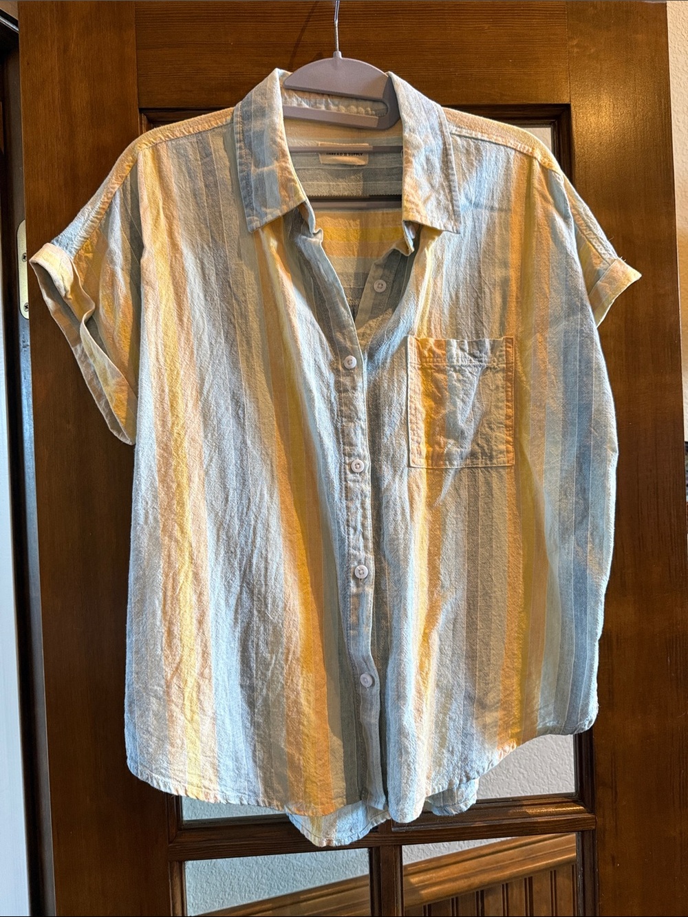 Thread & Supply Short-Sleeve Button-Down in Light Blue and Yellow Stripes